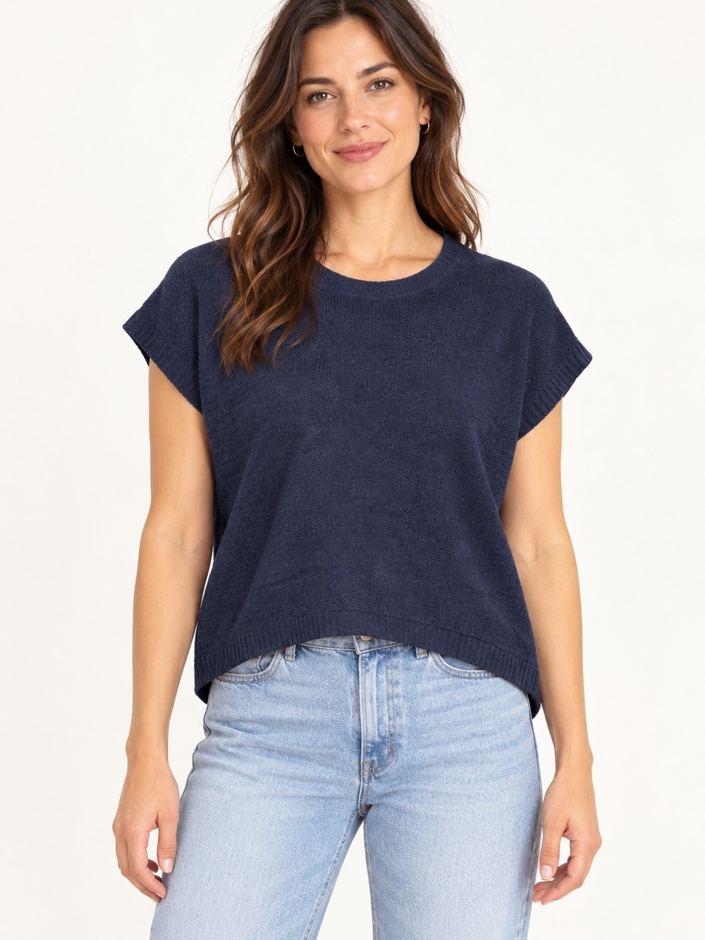 Esthème Cachemire Navy Blue Short Sleeve Boxy Sweater Size M